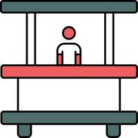 Seller Man In Kiosk Shop Icon In Red And Teal Color. vector