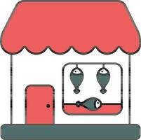 Teal And Red Fish Shop Icon In Flat Style. vector