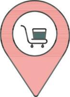 Shopping Cart With Map Pin Icon In Red And Teal Color. vector