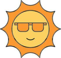 Cartoon Sun Wearing Eyeglasses In Yellow And Orange Color. vector