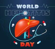 World Hepatitis Day. 3d vector illustration of heart, virus and stethoscope with earth background. Creative design for social media, banners and posters