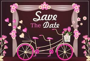 Wedding invitation. 3d illustration of double couple bicycle with flower and heart balloon, modern card design with pink floral frame and fabric wedding arch on dark red background vector