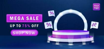 Mega Sale Banner. Light effect, and 3d discound word balloon element. Purple podium with flashing lights behind. Suitable for ad templates vector