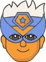 Superhero Eye Mask And Headband Wearing Man Face Icon In Orange And Blue Color. vector