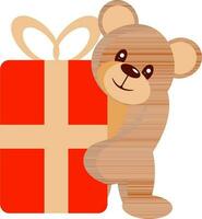 Cute Bear Character Holding Gift Box Icon In Red And Brown Color. vector