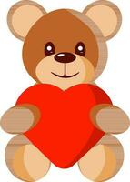 Vector Illustration Of Cute Teddy Bear Holding Red Heart.