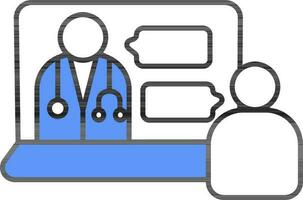 Blue And White Color Patient Chat To Doctor In Laptop Icon. vector