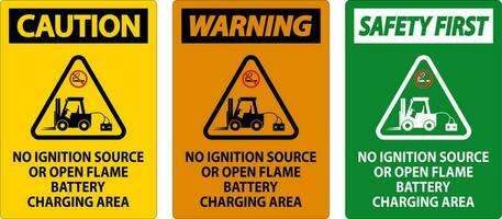 Warning Sign No Ignition Source Or Open Flame, Battery Charging Area vector