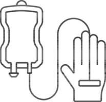 transfusión paciente mano con iv bolso línea Arte icono o símbolo. vector