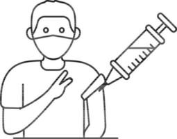 Young Man Vaccination Icon In Black Line Art. vector