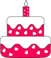 Hearts Decorated Cake With Burning Candle Icon In Pink And White Color. vector