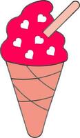 Hearts Ice Cream Cone With Spoon Icon In Pink Color. vector