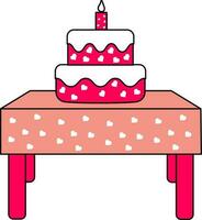 Hearts Decorated Two Layer Cake With Burning Candle On Table Pink And White Icon. vector