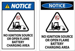 Notice Sign No Ignition Source Or Open Flame, Battery Charging Area vector