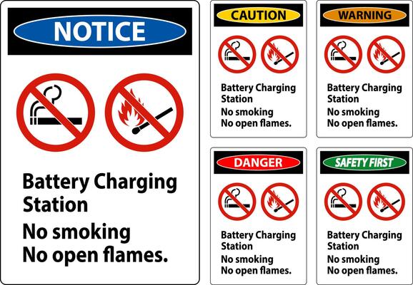Danger Sign Battery Charging Station, No Smoking, No Open Flames