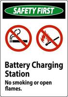 Safety First Sign Battery Charging Station, No Smoking Or Open Flames vector