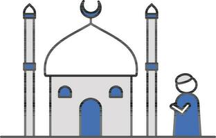 Mosque With Man Icon In Blue And Gray Color. vector