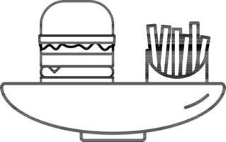 Burger With French Fries Icon In Black Outline. vector