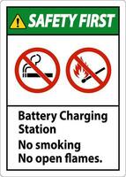 Safety First Sign Battery Charging Station, No Smoking, No Open Flames vector