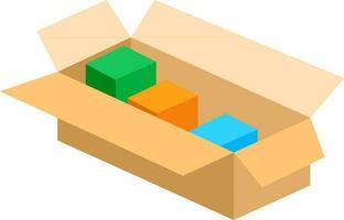 Colorful cubes in cardboard box isometric element. vector