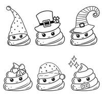 A set of characters of kawaii poop Santa Claus, St. Patrick, a certified scientist, a Halloween witch, a girl, a boy, a unicorn, a dwarf. Black outline in doodle style vector