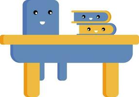 Cartoon Books On Table With Chair Icon In Blue And Yellow Color. vector