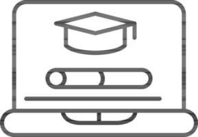 Linear Style Graduation Cap And Diploma In Laptop Icon. vector