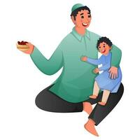 Muslim Man Holding Dates Bowl With His Son On White Background. vector
