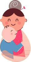 Cartoon Woman Hugging Her Baby On White Background. vector