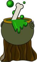 Boiling Cauldron On Swedish Log Stove Element In Brown And Green Color. vector