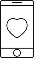 Heart On Smartphone Icon In Black Outline. vector