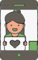 Young Girl Holding Greeting Card In Smartphone Icon. vector