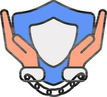 Handcuffs Hand Holding Shield Icon In Blue And Peach Color. vector