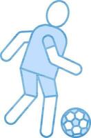 Kicking Football Player Cartoon Character Blue And White Icon. vector