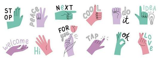 Funny bright stickers hand gestures with text. Vector design set in a cute flat style