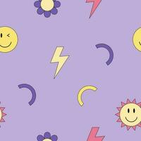 Seamless pattern with retro shapes, flowers, smiles and lightning. 2000s style colorful positive vector wallpaper