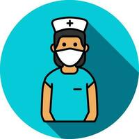 Nurse Wearing Mask Icon on Blue Round Background. vector