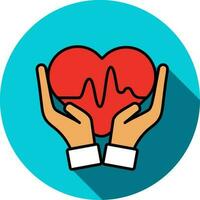 Hand Holding Heart Colorful Icon on Blue Round Background. vector