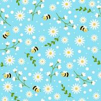 Seamless pattern with white flowers and funny bee  on blue background vector