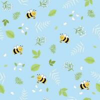 Seamless pattern with flower, leaves and flying bees on blue background. Cute cartoon print. vector