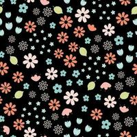 Seamless pattern with flowers and leaves on black background. Colorful vector flat style. Baby design for fabric, print, wrapper, textile