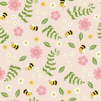 Seamless pattern with flowers, leaves and funny bee on pink background vector