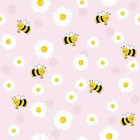 Seamless pattern with funny bees, white flowers and honey. Cartoon background with natural element in cartoon style. vector