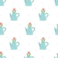 Watering can with tulips seamless pattern. Garden background. Vector illustration.