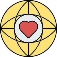 Heart Symbol On Globe Icon In Yellow And Red Color. vector