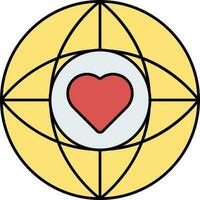 Heart Symbol On Globe Icon In Yellow And Red Color. vector