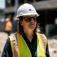 mujer vistiendo un difícil sombrero en construcción sitio ai generado foto