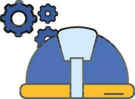 Yellow And Blue Helmet With Cogwheel Icon In Flat Style. vector