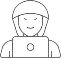 Hacker Man With Laptop Icon In Line Art. vector