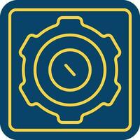 Yellow Line Art Coin With Cogwheel Icon On Blue Square Background. vector